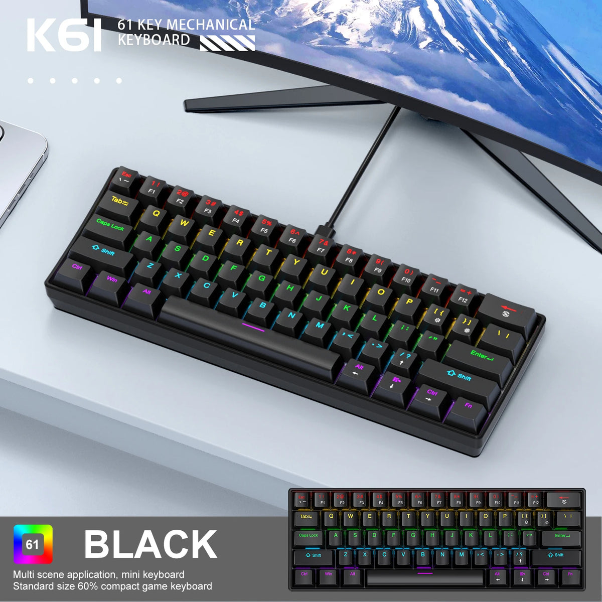 מקלדת גיימינג קומפקטית K61 עם תאורת RGB