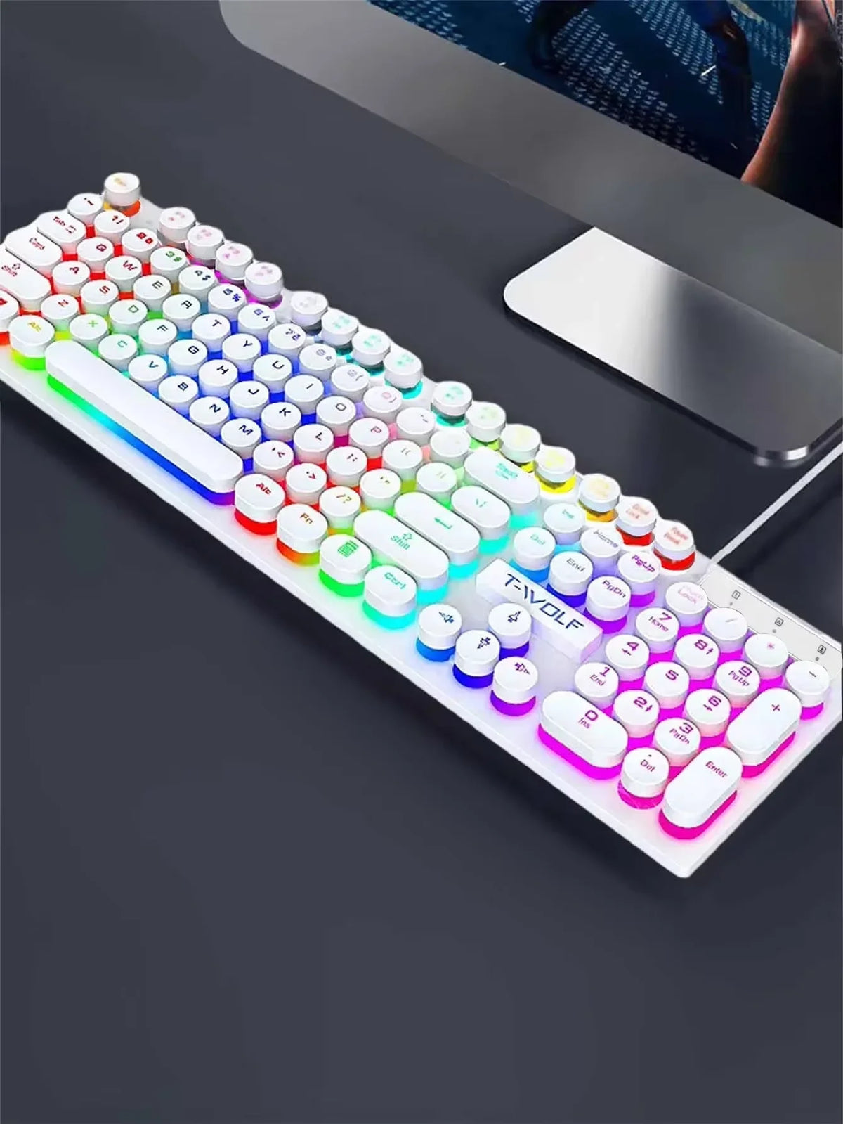 מקלדת גיימינג T80 לבנה עם מקשים עגולים ותאורת RGB
